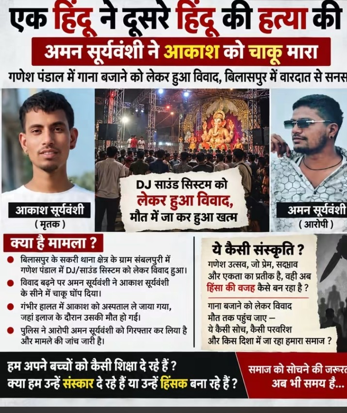 बिलासपुर: एक हिंदू ने दूसरे हिंदू की हत्या की! अमन सूर्यवंशी ने आकाश सूर्यवंशी को चाकू मारा