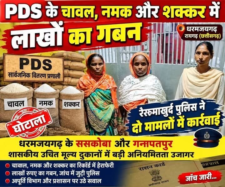 PDS के चावल, नमक और शक्कर में लाखों का गबन, रैरूमाखुर्द पुलिस ने दो मामलों में कार्रवाई,धरमजयगढ़ के ससकोबा और गनपतपुर शासकीय उचित मूल्य दुकानों में बड़ी अनियमितता उजागर