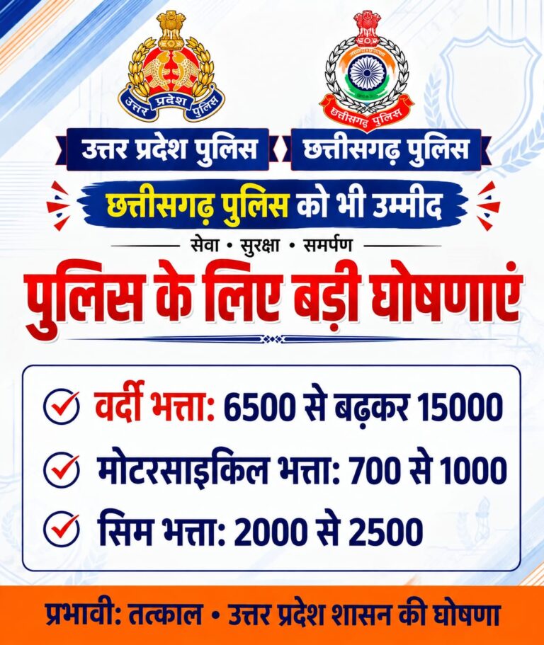 यूपी में पुलिसकर्मियों के लिए बड़ी सौगात, वर्दी भत्ता ₹6,500 से ₹15,000; छत्तीसगढ़ के पुलिसकर्मियों को भी ऐसी पहल का इंतजार